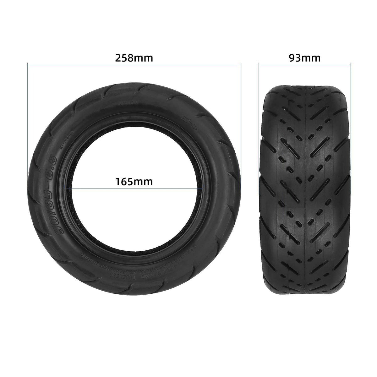 Dimensions du pneu 90/65-6.5 Xuancheng : diamètre 258 mm, largeur 93 mm, jante 165 mm, poids 1 197 g