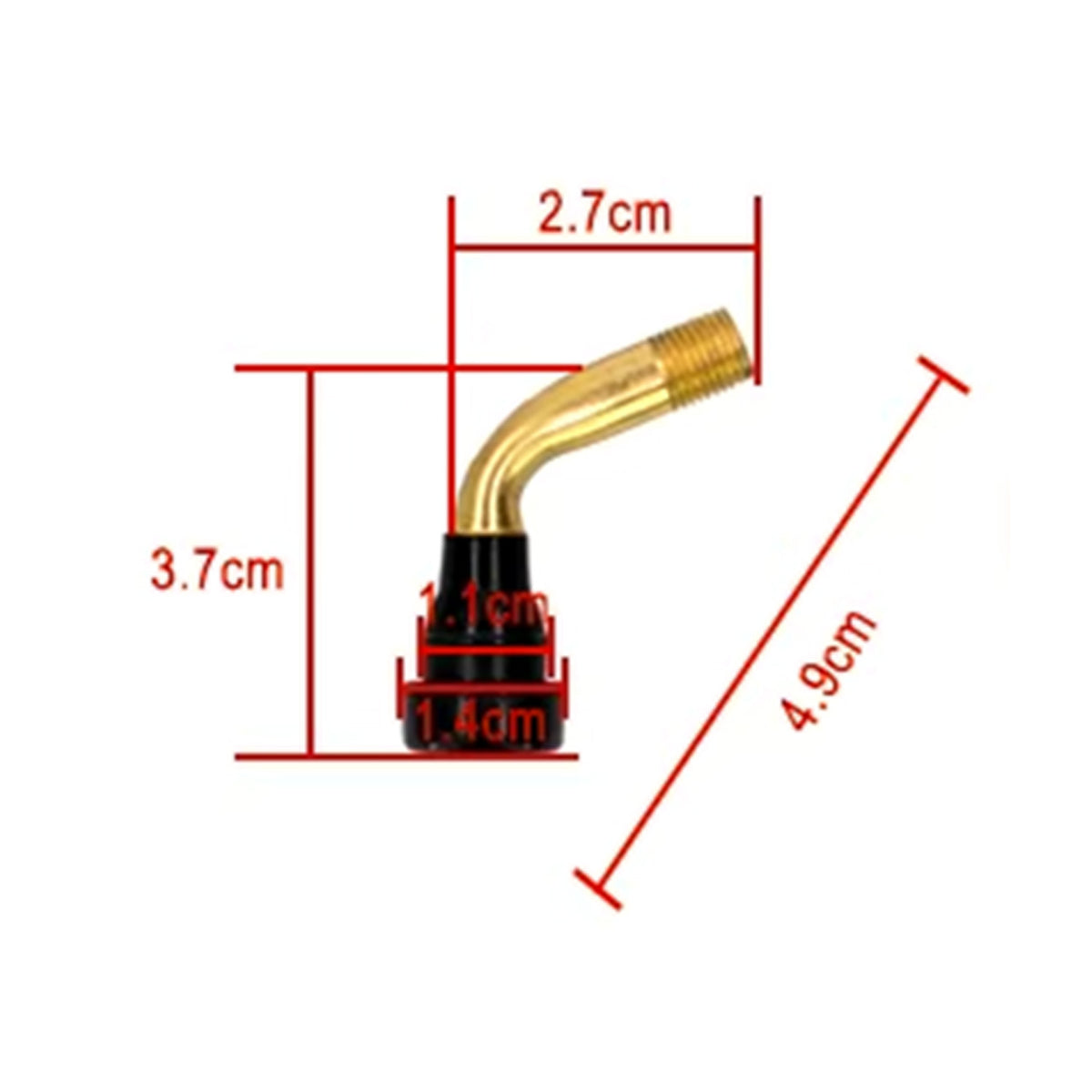 Cotes de la valve tubeless PVR40 coudée 45° : 2,7 cm, 3,7 cm et 4,6 cm