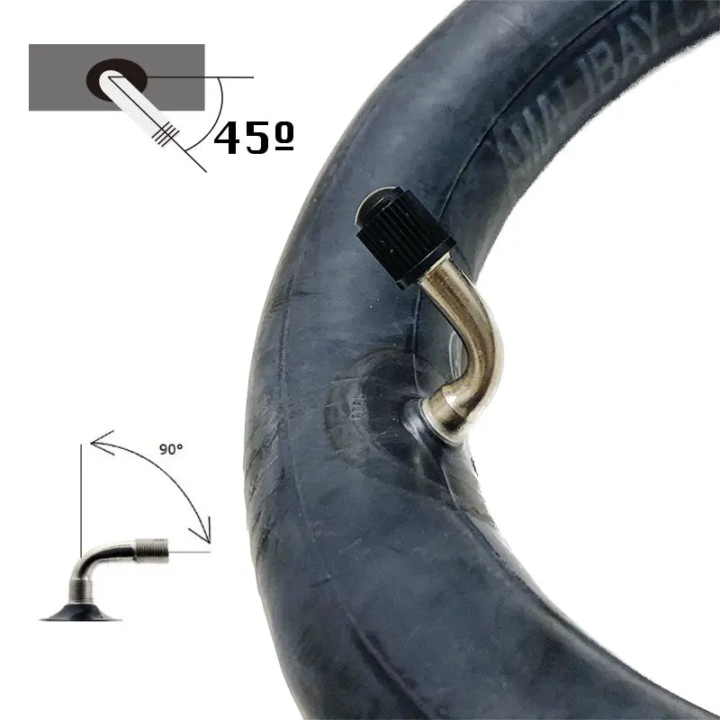 Schéma de l'angle 45° de la valve sur la chambre à air 10x2,125