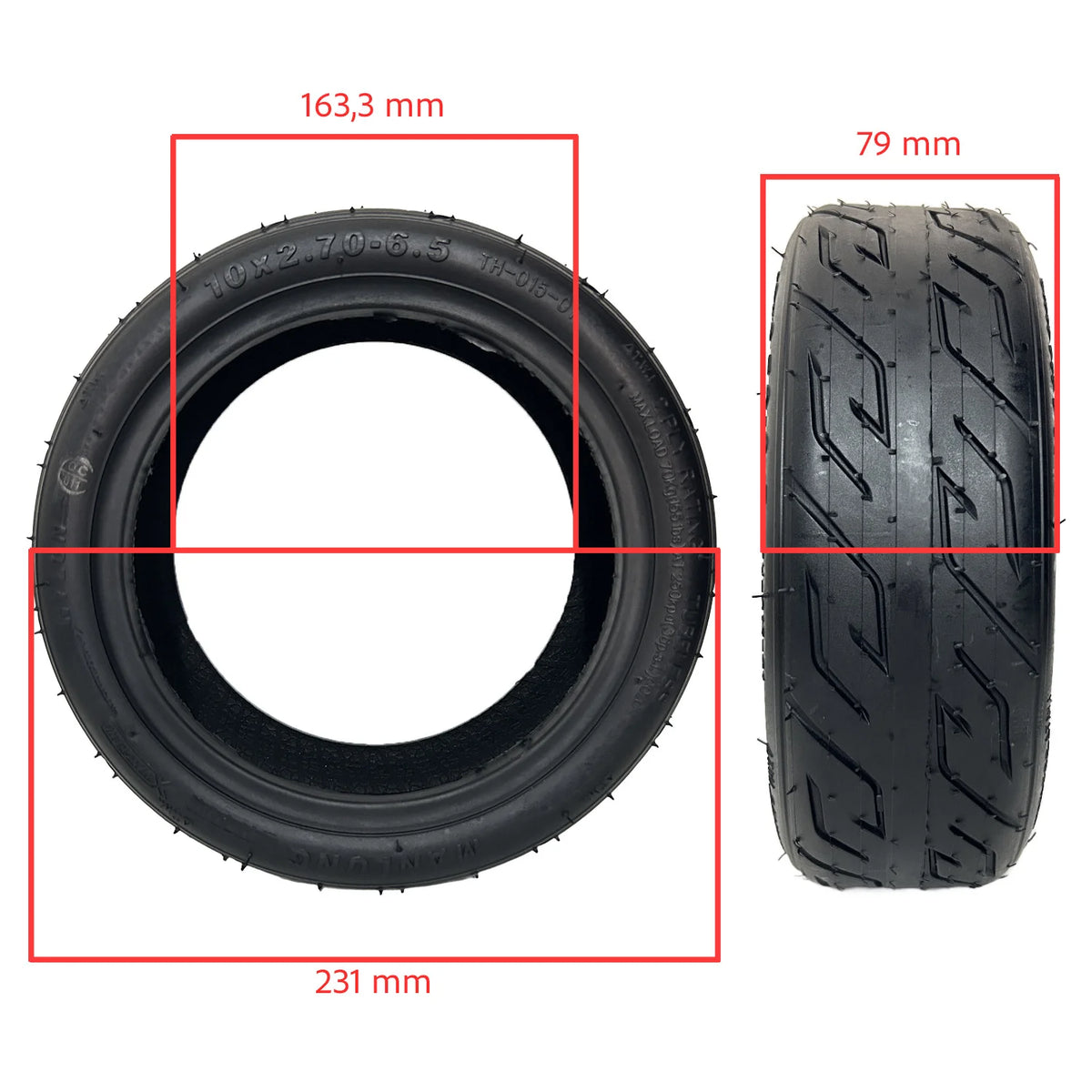 Cotes du pneu 10x2,70-6.5 gel : vues de face et de profil avec dimensions