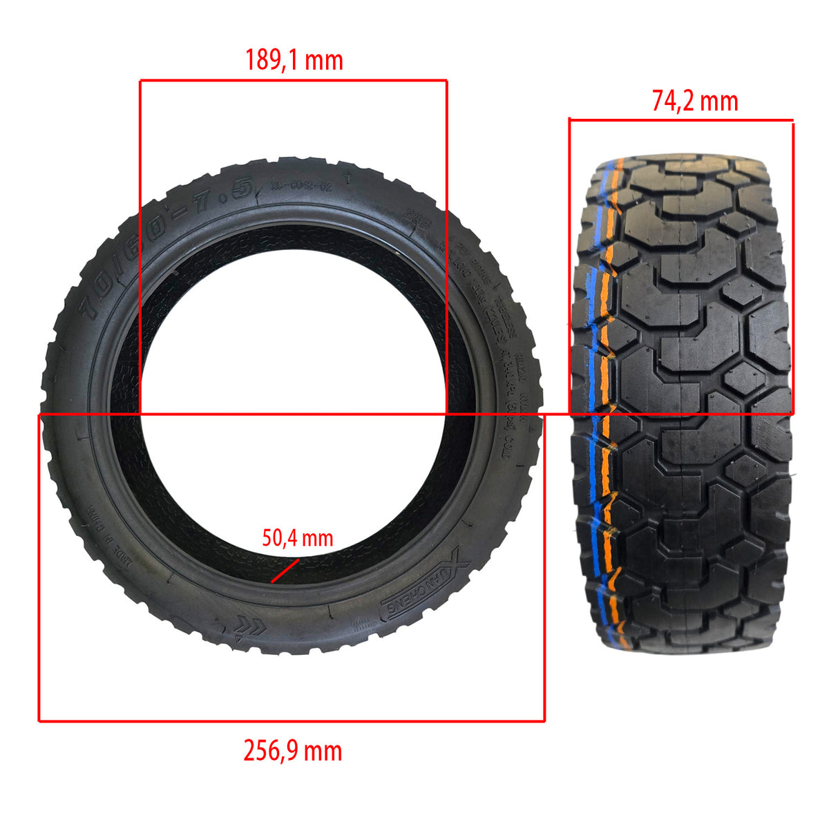 Cotes du pneu 70/60-7.5 gel : vues de face et de profil avec dimensions