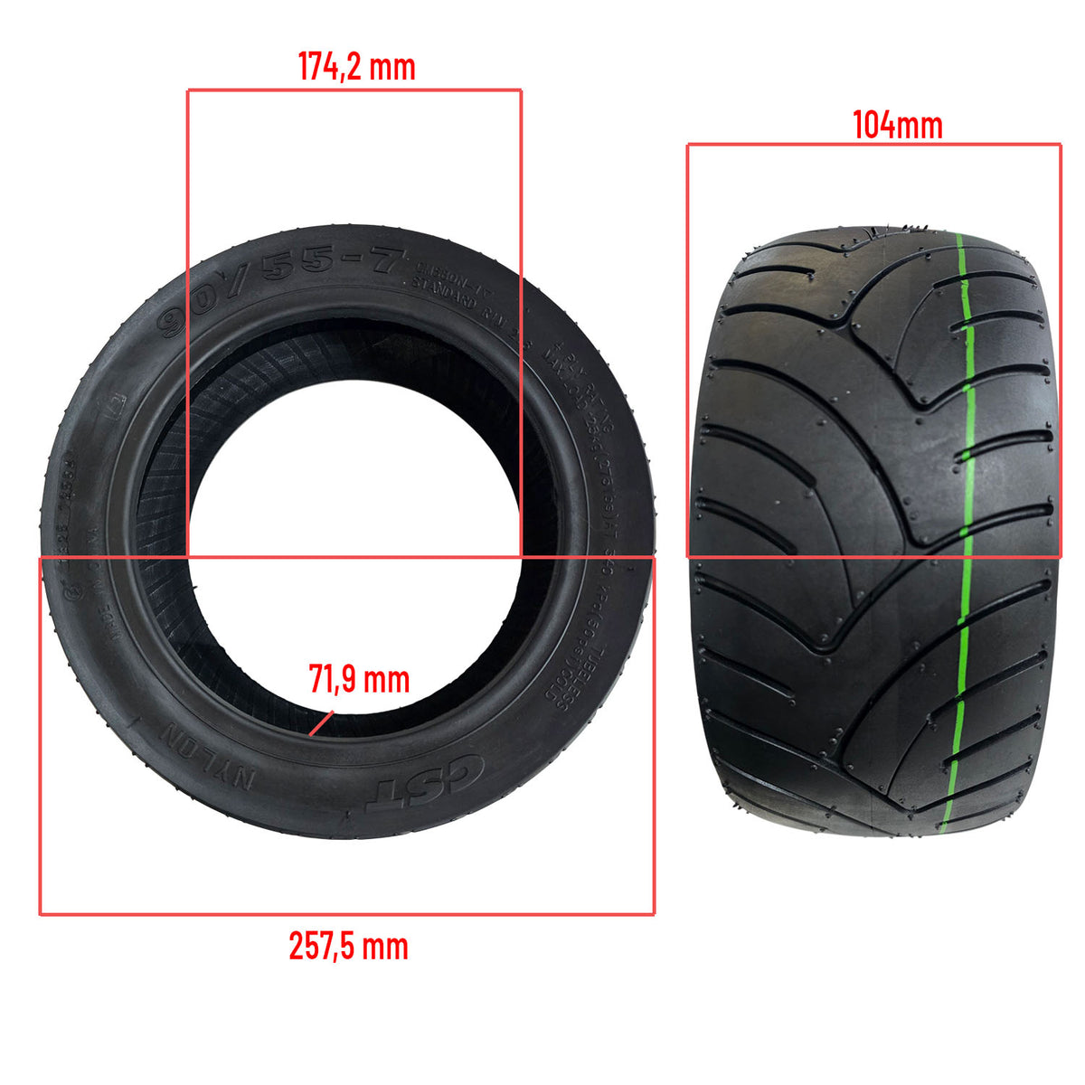Cotes du pneu CST 90/55-7 gel : vues de face et de profil avec dimensions