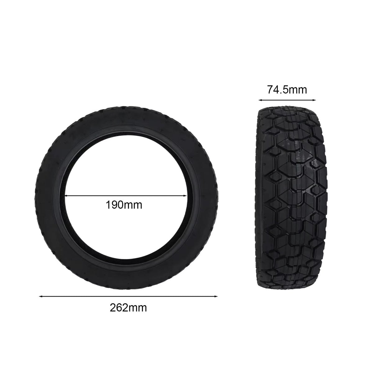 Pneu 70/60-7.5 vu de face et de profil avec cote