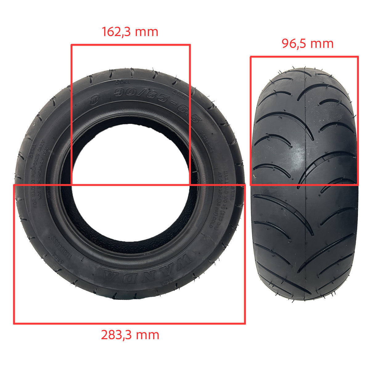 Cotes du pneu 90/65-6.5 : vues de face et de profil avec dimensions