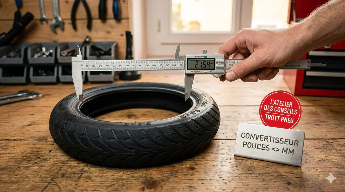 Infographie de conversion des tailles de pneus pour trottinettes électriques en pouces et millimètres - Trott Pneu Nice