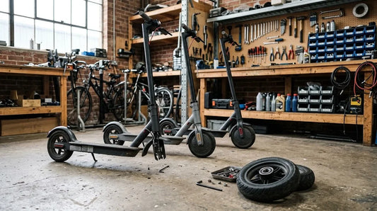 Trottinettes électriques et roues démontées dans un atelier de réparation