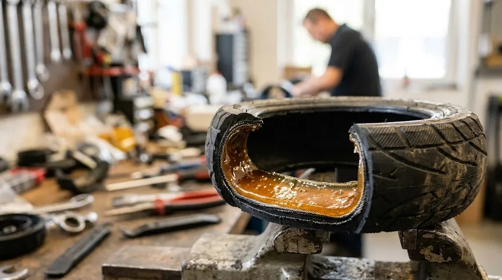 Coupe d'un pneu de trottinette électrique montrant la couche de gel anti-crevaison