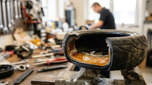 Coupe d'un pneu de trottinette électrique montrant la couche de gel anti-crevaison