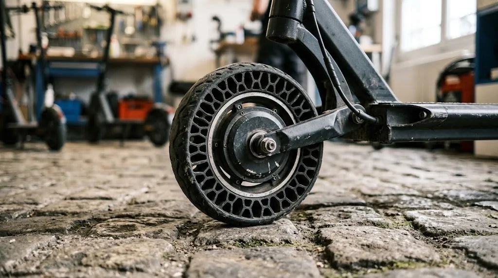 Pneu plein alvéolé monté sur la roue arrière d'une trottinette électrique, sur pavés