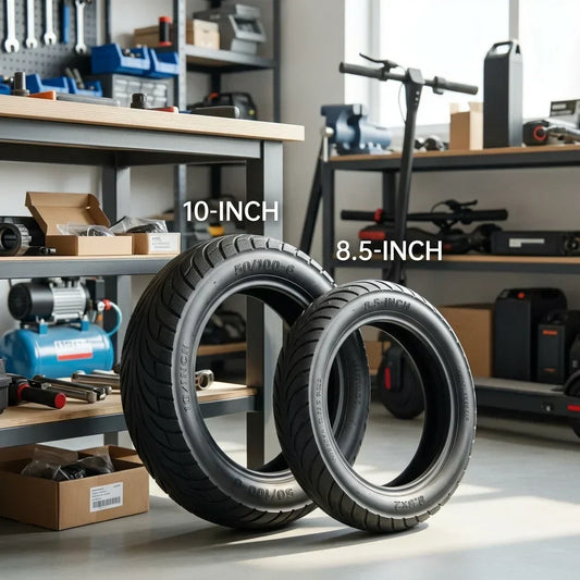 Comparaison d'un pneu de trottinette électrique 10 pouces et d'un pneu 8,5 pouces posés côte à côte en atelier