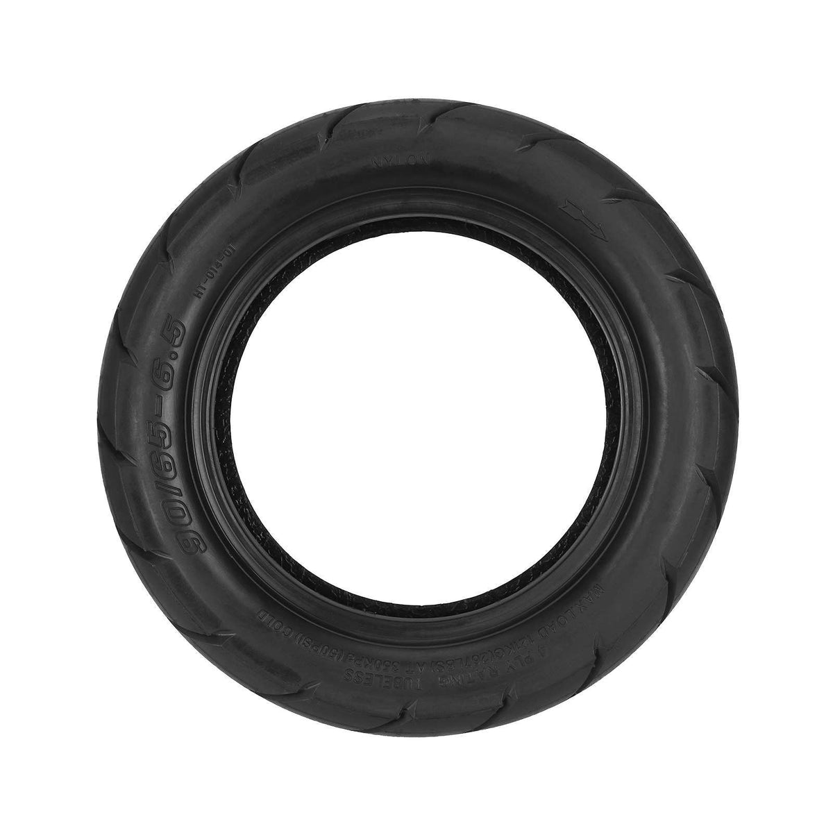 Flanc du pneu 90/65-6.5 Xuancheng : marquage tubeless, 4 plis, charge maximale 121 kg à 3,5 bars