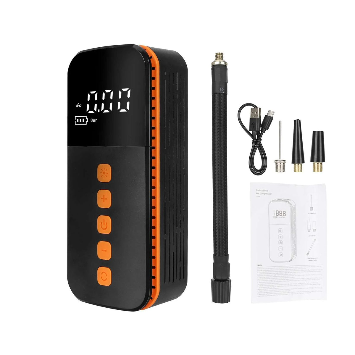 Contenu de la boîte : pompe, flexible, câble de recharge, trois embouts et notice