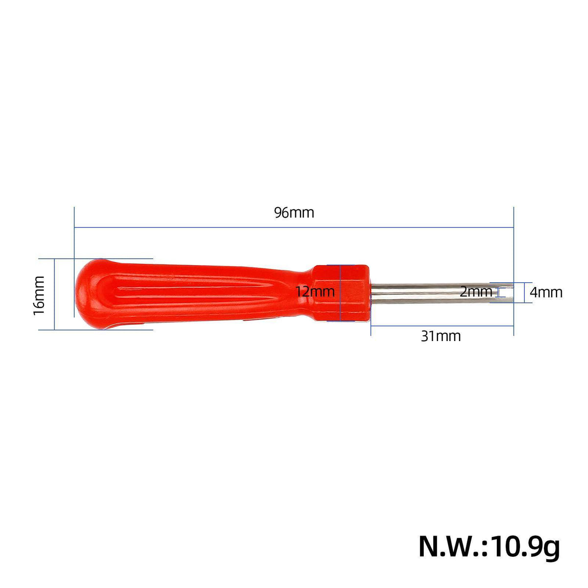 Dimensions du démonte-obus : 96 mm de long, embout 4 mm, 11 g