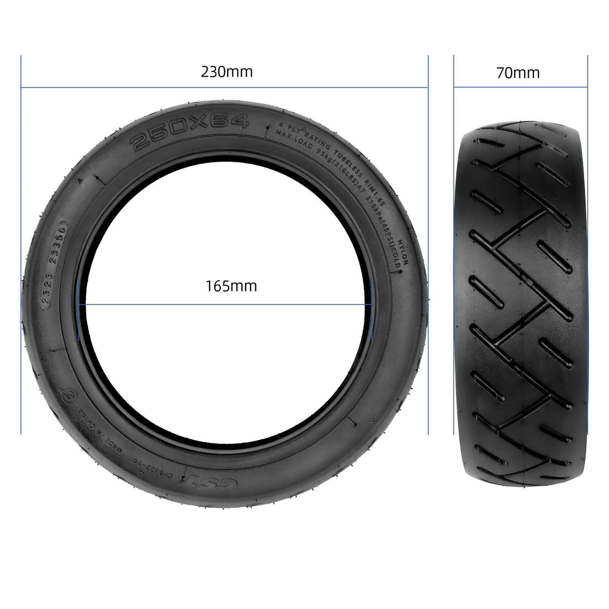 Dimensions du pneu CST 250x64 : 230 mm de diamètre, 70 mm de large, 165 mm intérieur, 755 g