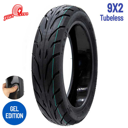 Pneu Yuanxing 9x2‑6.1 tubeless avec gel anti-crevaison monté sur trottinette Xiaomi