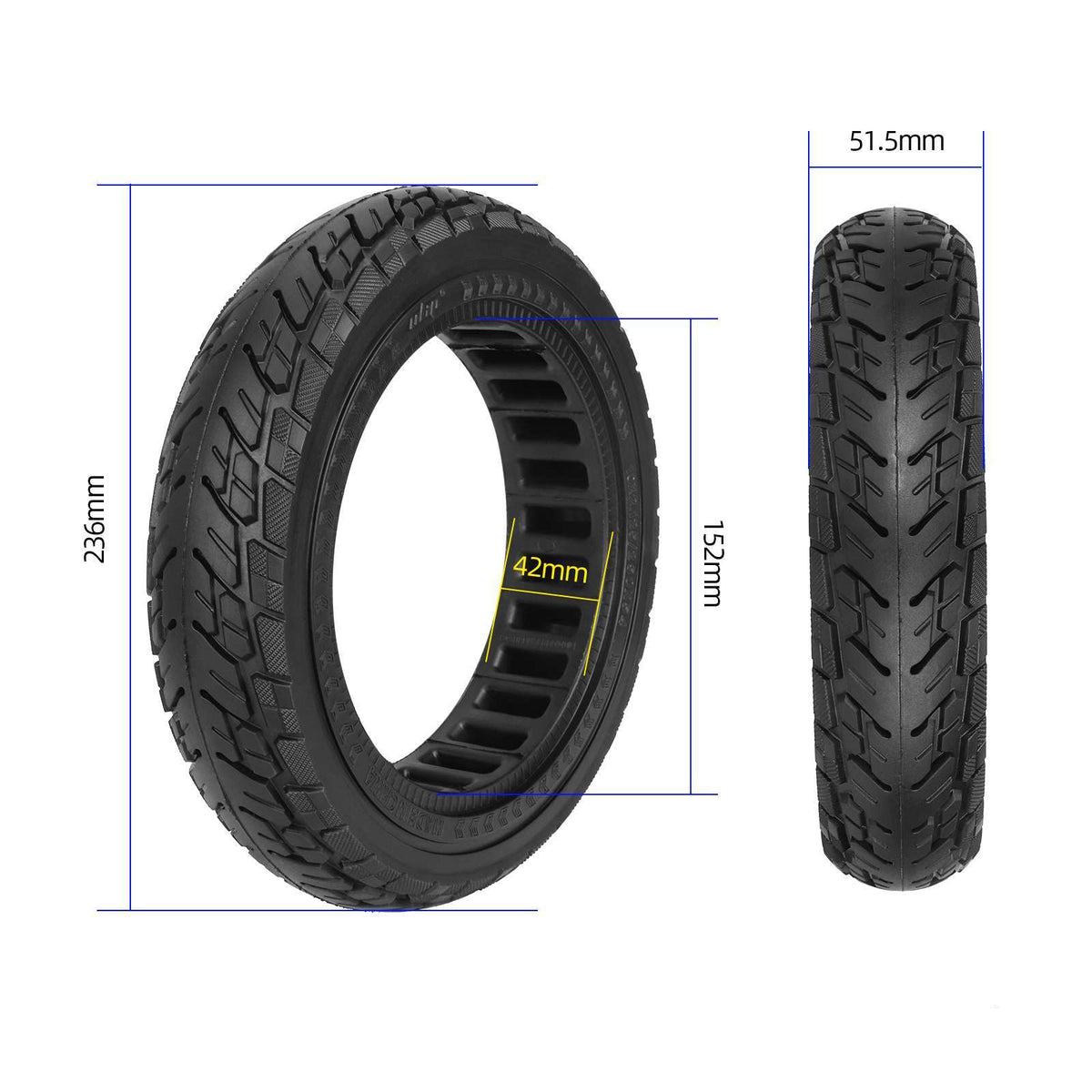 Dimensions du pneu plein Ulip 10x2.125 : 236 mm de diamètre, 51,5 mm de large, 152 mm intérieur, 927 g
